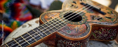 Traditional Mexican mariachi guitar with intricate designs, cultural instrument, Hispanic Heritage Month celebration