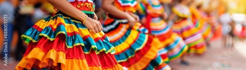 Vibrant Latin American street festival with dancers and food stalls, lively event, Hispanic Heritage Month tribute