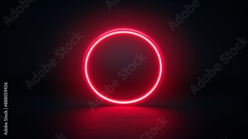 Red neon circle glowing in dark room illustration.