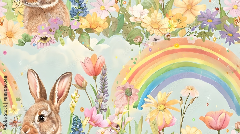 Obraz premium Radiant Rainbow Framing Playful Cute Bunny with Gemlike Embellishments in Idyllic Flowerfilled Meadow