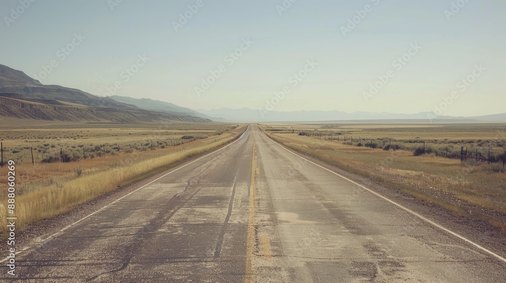Fototapeta premium Loneliness on the Open Road - Stranded Car with Hazard Lights in Vast Desert Landscape