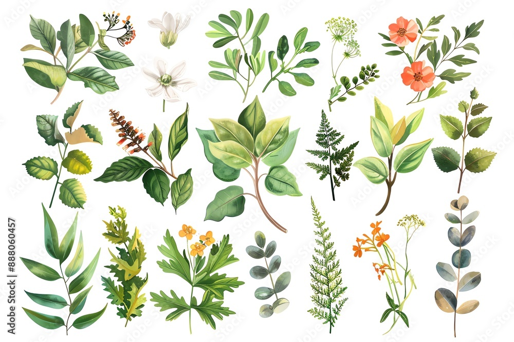 Watercolor illustration of herbs and essential oils. Watercolor illustration of herbs and essential oils.