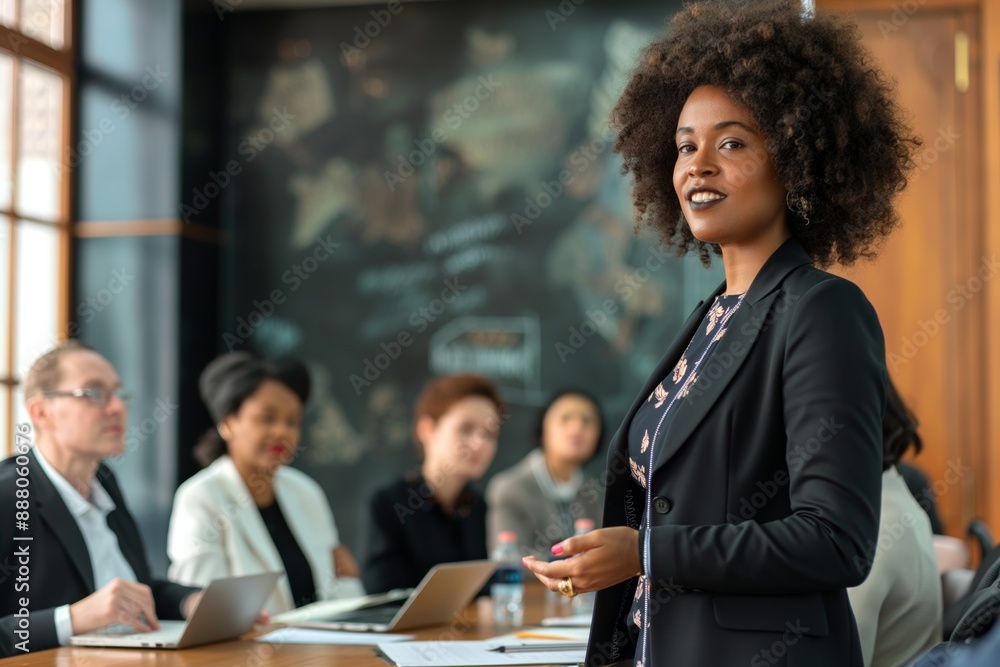In a modern office, a confident businesswoman leads a diverse team meeting, focusing on collaboration and success. Womens Equality Day, women on the work, women in leadership In a modern office, a confident businesswoman leads a diverse team meeting, focusing on collaboration and success. Womens Equality Day, women on the work, women in leadership