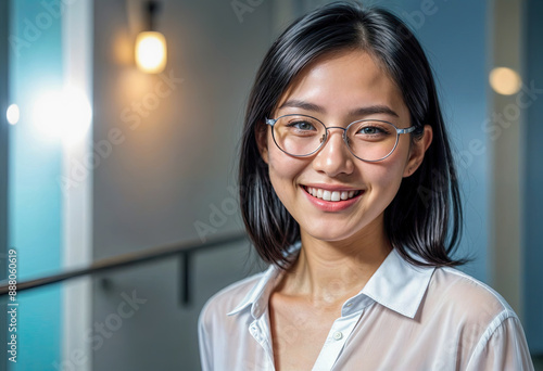 Cheerful Young Woman in Glasses with Long Dark Hair