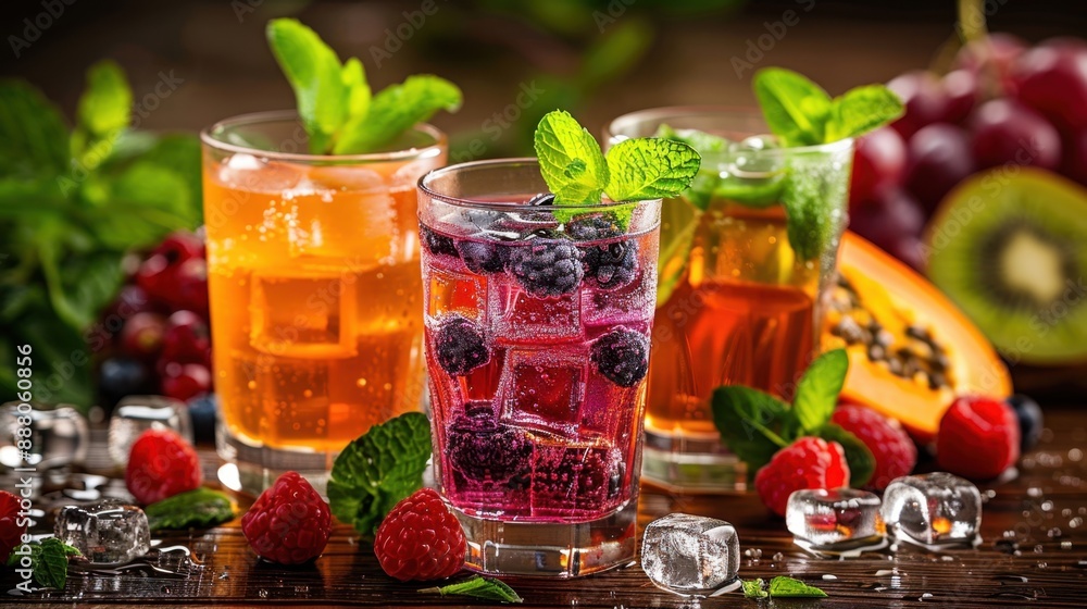 Cold fruit juices, colorful glasses with ice cubes. Cold fruit juices, colorful glasses with ice cubes.