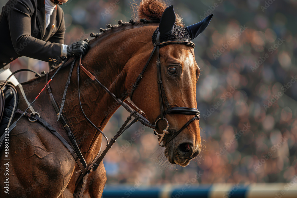 Obraz premium Sportswoman on a horse at the hippodrome. Horse riding competitions at the Olympic Games