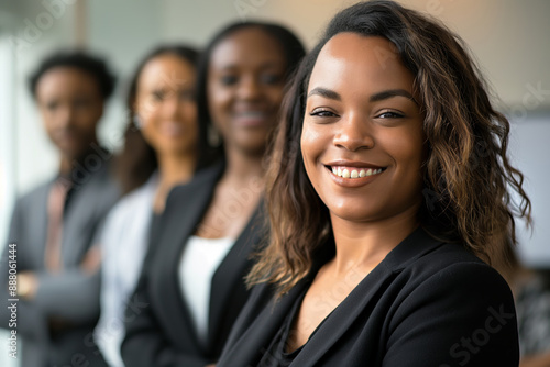 Confident businesswoman leads diverse team in modern office, focusing on success, teamwork, and innovation. Womens Equality Day, women on work, women in leadership