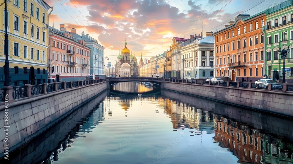 Picturesque Urban Waterway with Architectural Landmarks and Reflections Picturesque Urban Waterway with Architectural Landmarks and Reflections