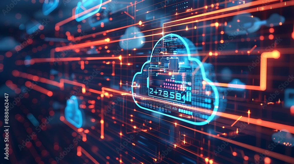 Modern depiction of cloud computing infrastructure with virtual servers, data pathways, and security shields illustrating robust data management and protection Modern depiction of cloud computing infrastructure with virtual servers, data pathways, and security shields illustrating robust data management and protection