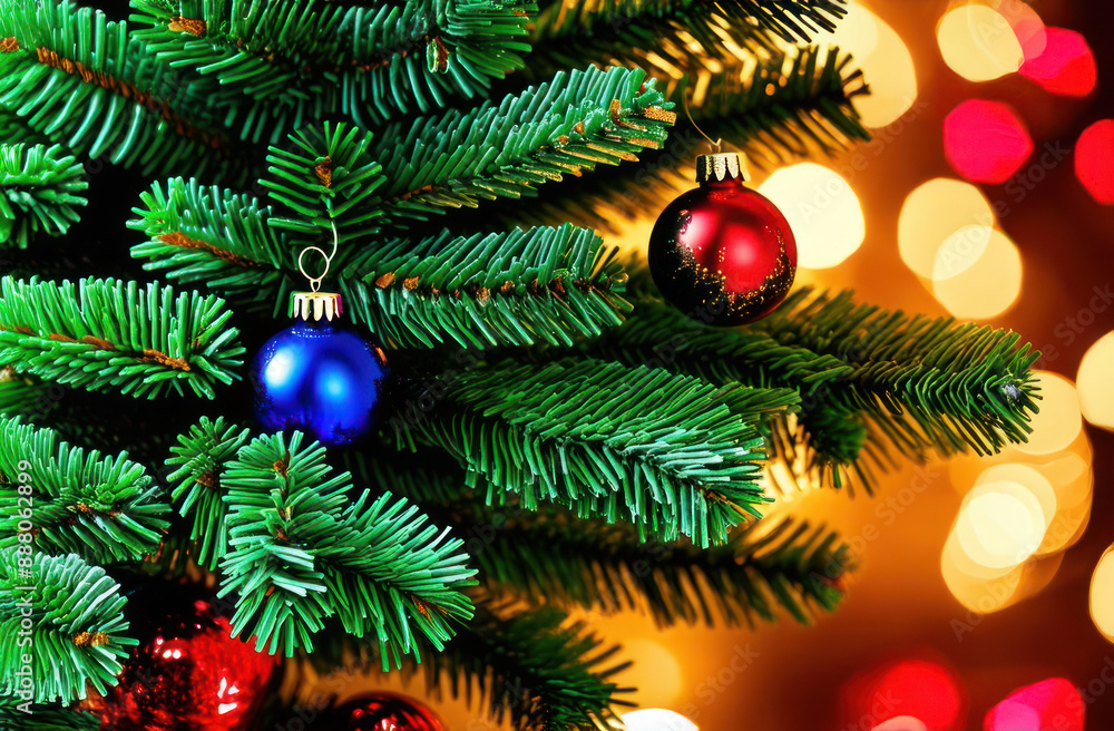 Christmas tree decorated with blue and red balls, close-up. Merry Christmas Christmas tree decorated with blue and red balls, close-up. Merry Christmas
