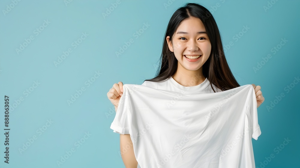 Smiling Asian Woman Holds Pristine White Cloth,Expressing Joy and Refreshment in Detergent Smiling Asian Woman Holds Pristine White Cloth,Expressing Joy and Refreshment in Detergent