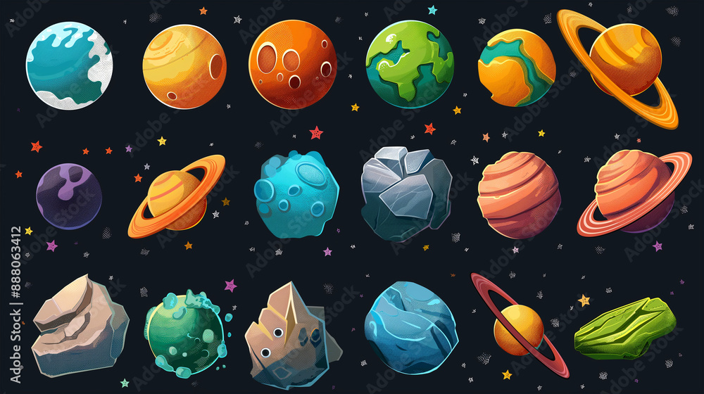 Cartoon of Alien planet game icon set, Game element, Slot game element, Illustration Cartoon of Alien planet game icon set, Game element, Slot game element, Illustration