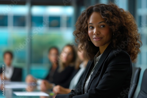 Confident businesswoman with curly hair attending a professional meeting with colleagues in a modern office. Womens Equality Day, women on the work, women in leadership