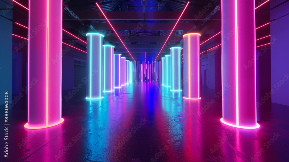 Fototapeta premium a long hallway with columns and neon lights