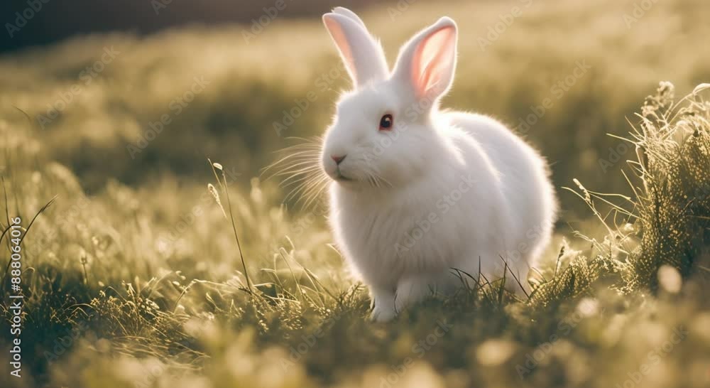Little white rabbit in the field in slow motion