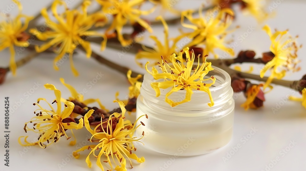 Close-Up of Witch Hazel Flowers and Skincare Cream Close-Up of Witch Hazel Flowers and Skincare Cream