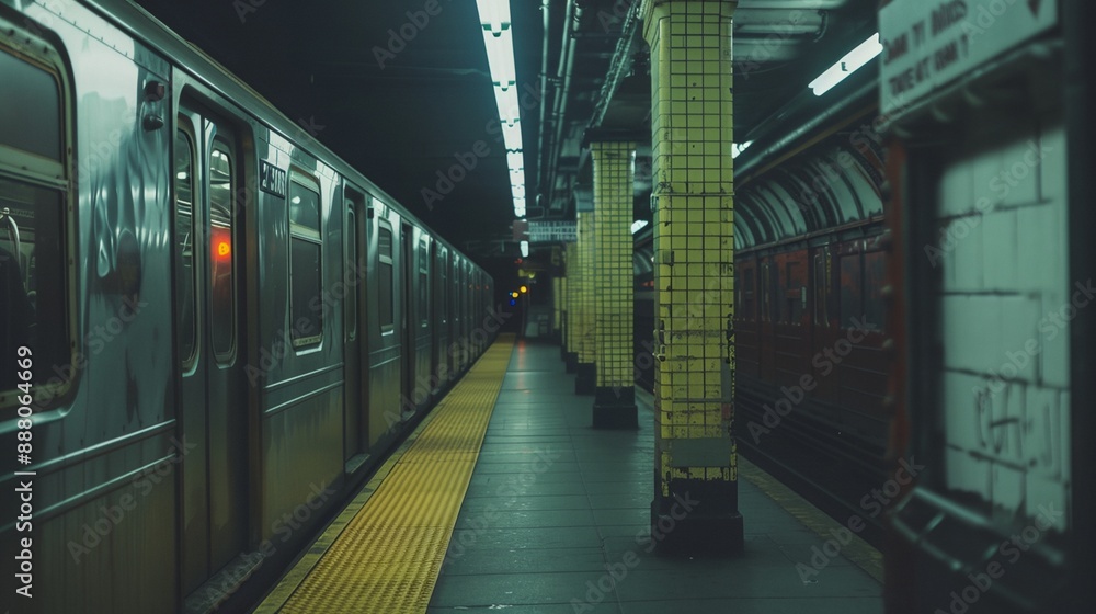 a subway train pulling into a station with a yellow line on the platform a subway train pulling into a station with a yellow line on the platform
