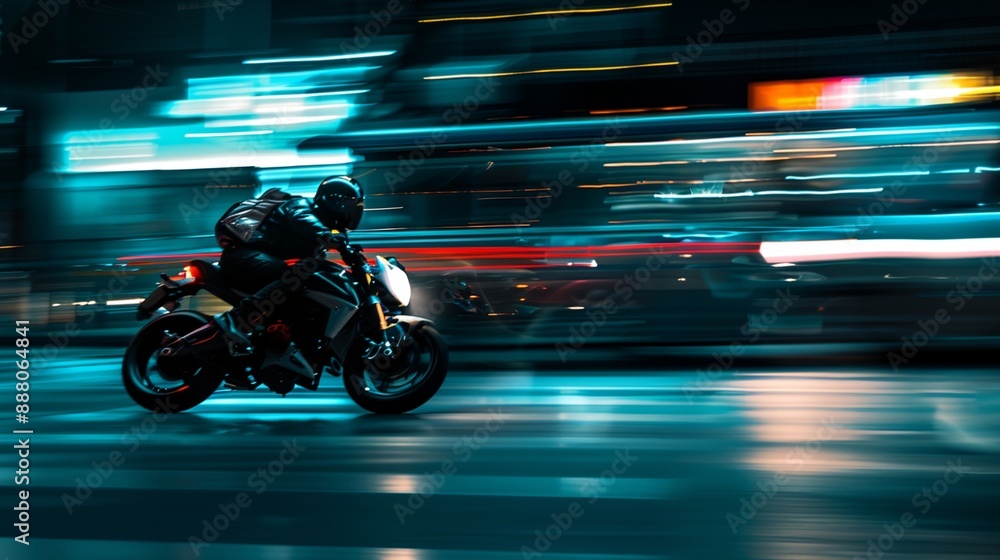 Fototapeta premium a man riding a motorcycle down a street at night time