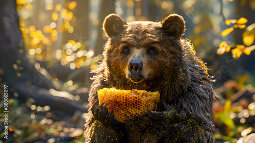 a bear holding a honeycomb