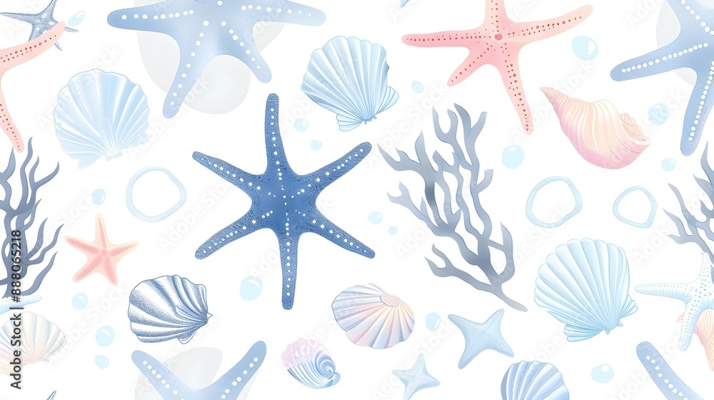 Cute Sea Stars, coral and shells in light blue pastel colors on a white background. Cute Sea Stars, coral and shells in light blue pastel colors on a white background.
