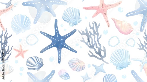 Cute Sea Stars, coral and shells in light blue pastel colors on a white background.