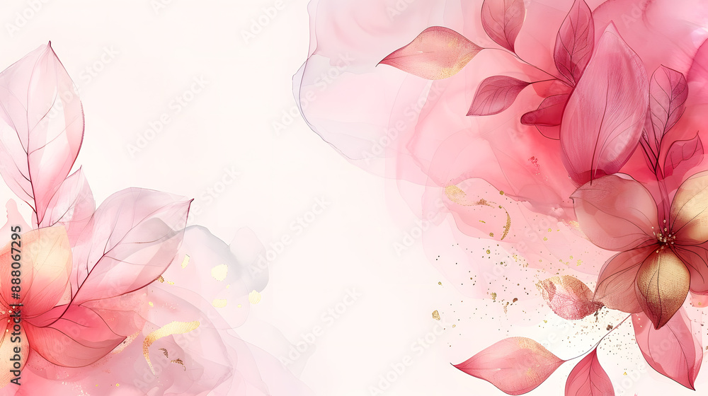 Fototapeta premium Abstract art background vector. Luxury minimal style wallpaper with golden line art flower and botanical leaves, Organic shapes, Watercolor. Vector background for banner, poster, Web and packaging.