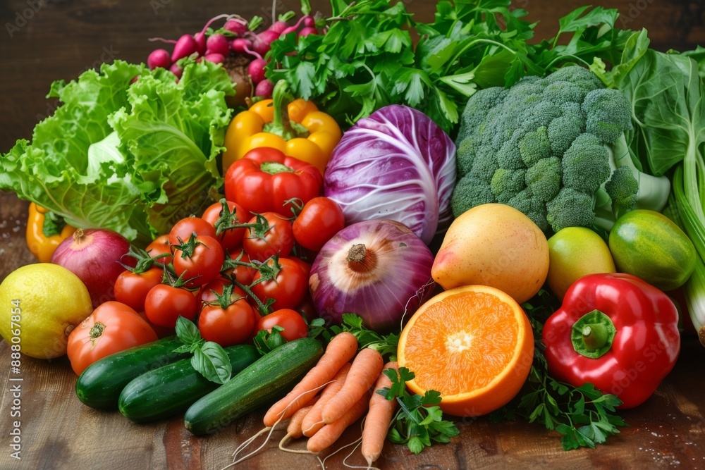 assortment of fresh vegetables and fruits on a wooden table, with bright colors and natural lighting assortment of fresh vegetables and fruits on a wooden table, with bright colors and natural lighting