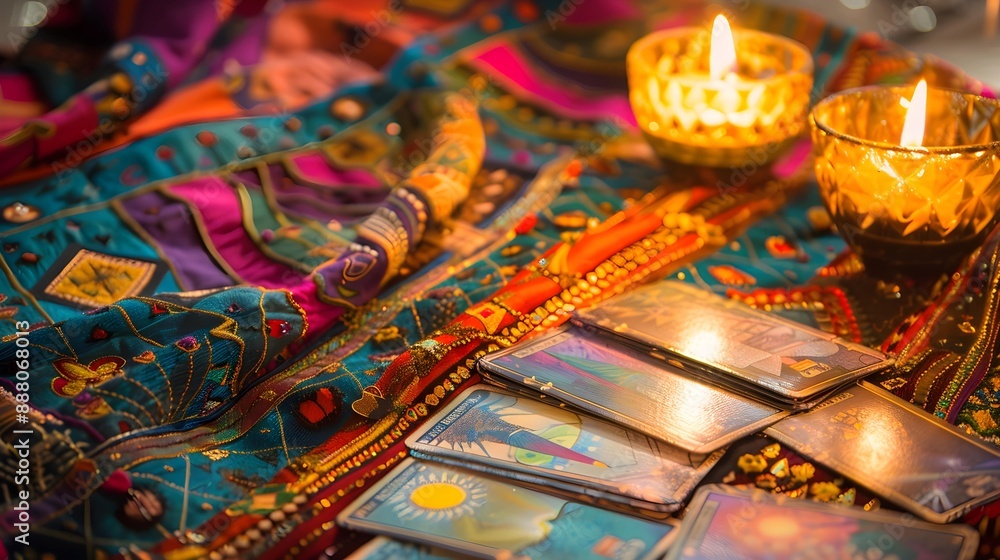 Fototapeta premium Colorful tarot card spread with a variety of symbolic imagery on a vibrant cloth, under candlelight