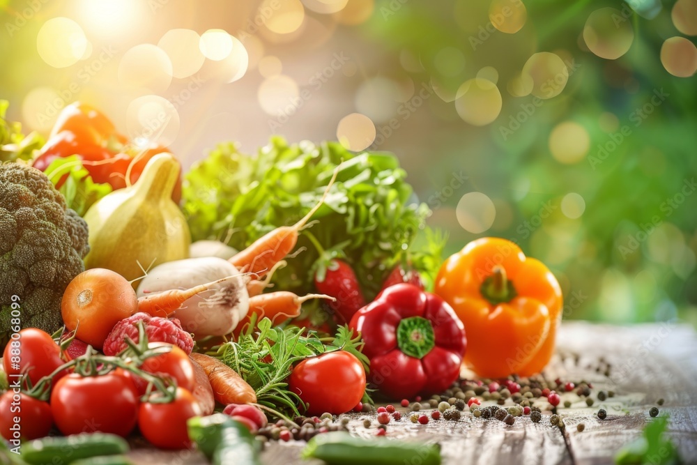 assortment of fresh vegetables and fruits on a wooden table, with bright colors and natural lighting assortment of fresh vegetables and fruits on a wooden table, with bright colors and natural lighting