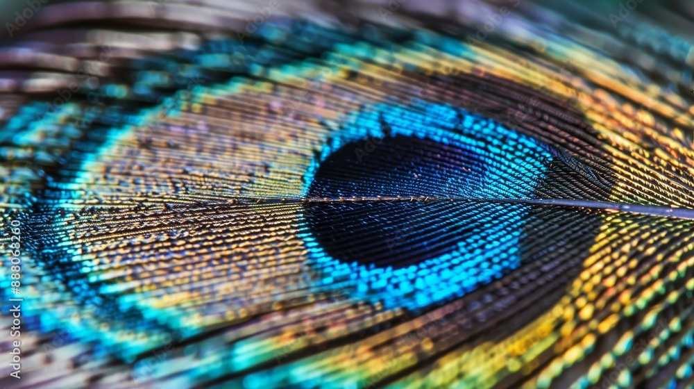 Naklejka premium Majestic 8K Close-up of Iridescent Peacock Feather with Exquisite Eye Pattern Detail and High Dynamic Range.