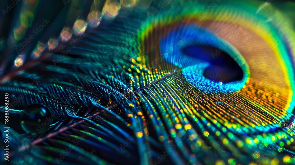 Naklejka premium Majestic 8K Close-up of Iridescent Peacock Feather with Exquisite Detail and High Dynamic Range.