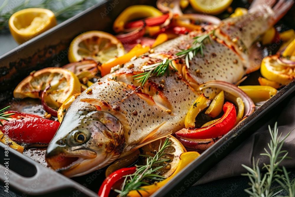 Baked rainbow trout with lemon and vegetables on a tray Baked rainbow trout with lemon and vegetables on a tray