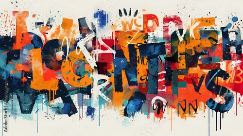 Vibrant abstract painting featuring letters and numbers, showcasing bold colors and patterns.