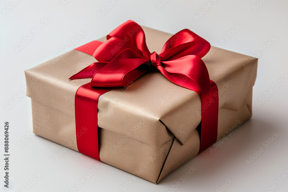 Elegant Gift Wrapped in Golden Paper with a Red Ribbon Bow Elegant Gift Wrapped in Golden Paper with a Red Ribbon Bow