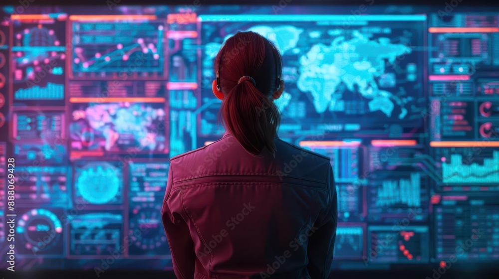 A woman analyzing data on multiple digital screens displaying charts, graphs, and maps in a control room or modern office setup. A woman analyzing data on multiple digital screens displaying charts, graphs, and maps in a control room or modern office setup.