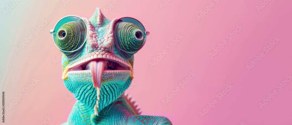 Funny animal - Celebration, happy birthday, summer party, greeting card banner - chameleon reptile with sunglasses and tongue stuck out, isolated on pastel pink colorful background texture Funny animal - Celebration, happy birthday, summer party, greeting card banner - chameleon reptile with sunglasses and tongue stuck out, isolated on pastel pink colorful background texture
