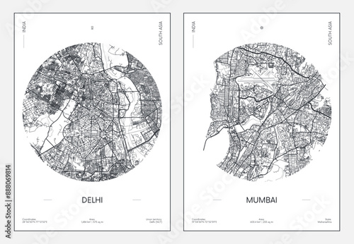 Travel poster, urban street plan city map Delhi and Mumbai, vector illustration