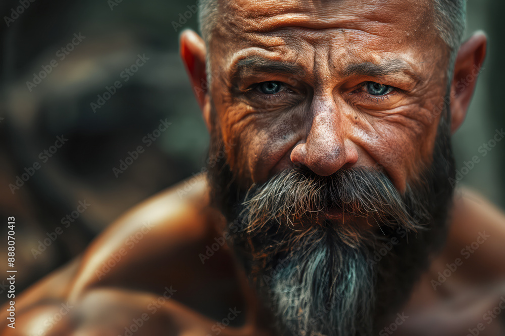 Intense Portrait of Muscular Man with Grey Beard Intense Portrait of Muscular Man with Grey Beard