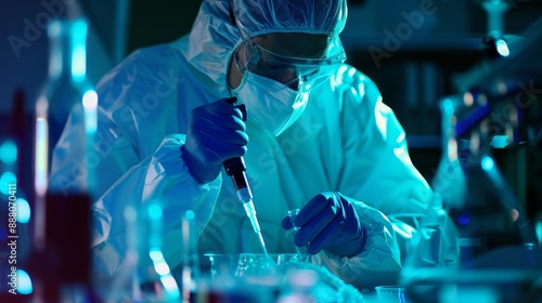 Medical researcher in a hazmat suit using a micropipette to analyze samples in a laboratory at night