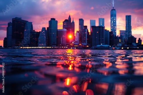 New york city skyline at sunset. Photography in tilt shift style. Generative Ai