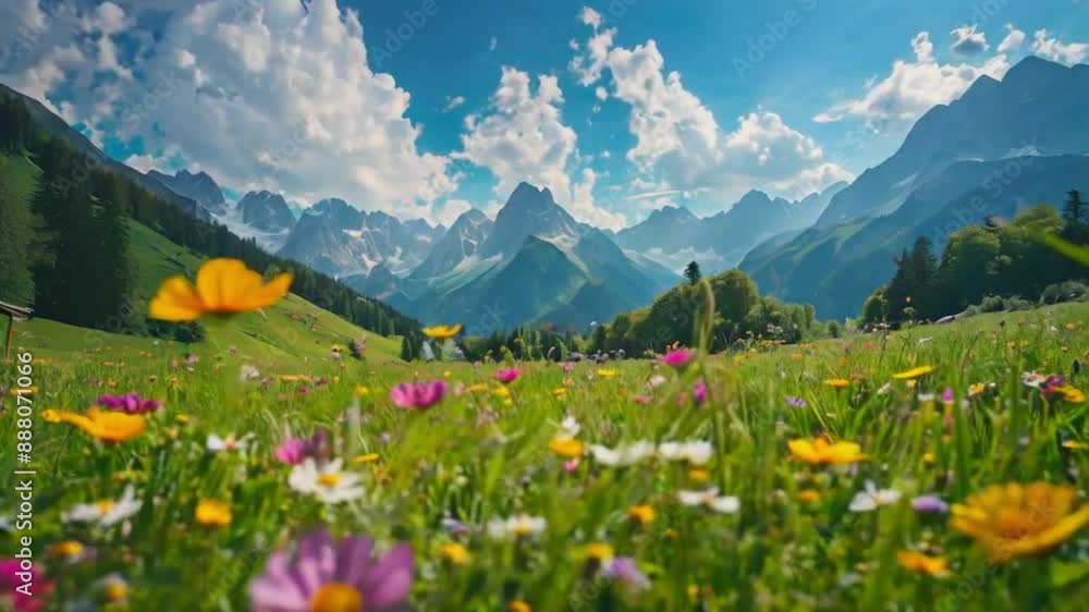 A beautiful flowery field with mountains, beautiful clouds moving in the morning. A beautiful flowery field with mountains, beautiful clouds moving in the morning.