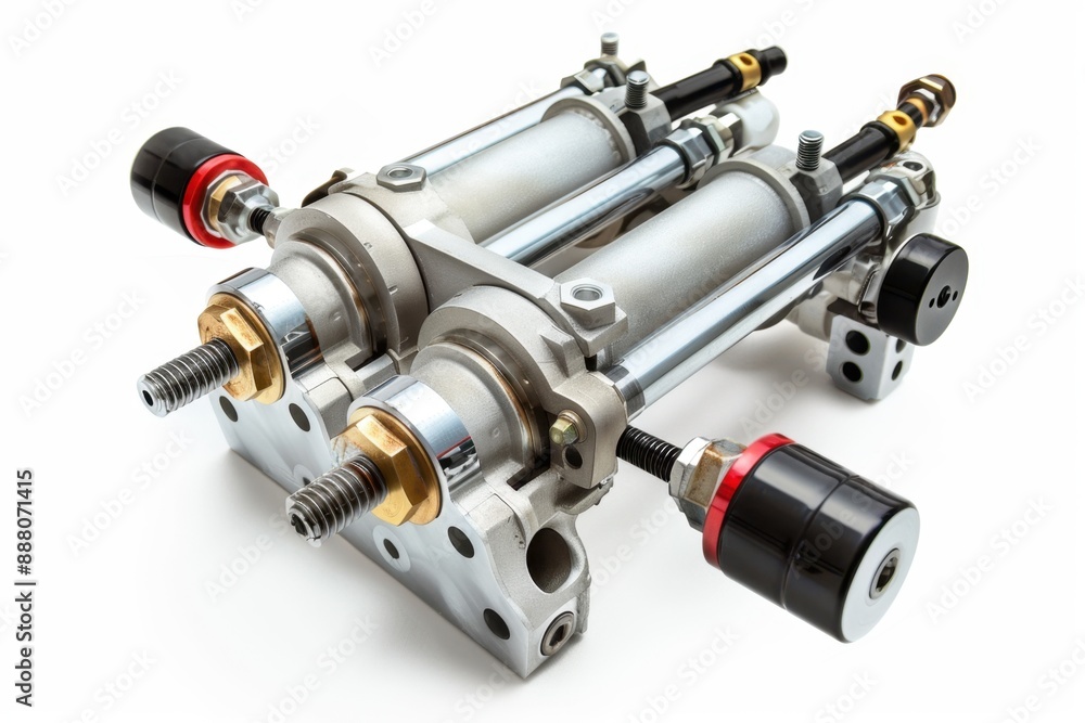 Hydraulic system components with pistons and fluid lines, showcasing power transmission. Isolate white background Hydraulic system components with pistons and fluid lines, showcasing power transmission. Isolate white background