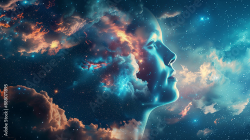 Human mind abstract space science head background. Brain face sky idea universe thought psychology