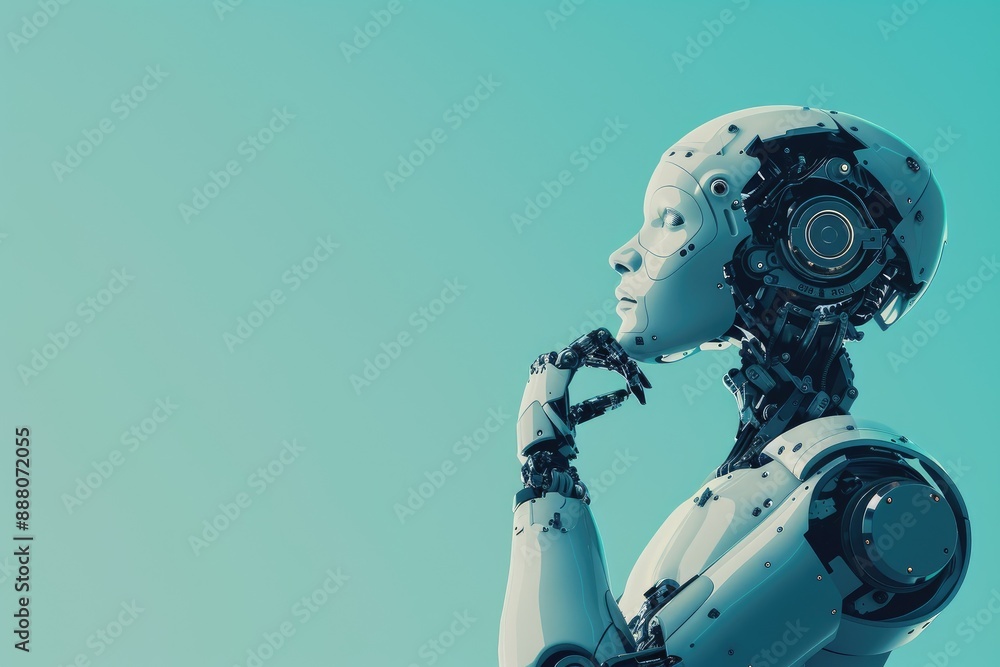 Robotic AI in Thoughtful Pose, Copyspace Robotic AI in Thoughtful Pose, Copyspace