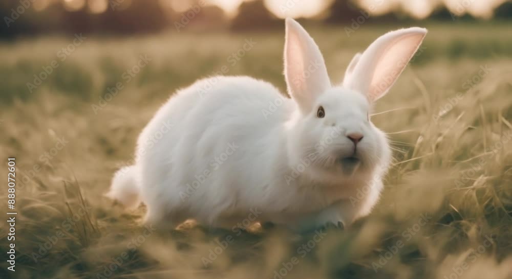 Little white rabbit in the field in slow motion Little white rabbit in the field in slow motion