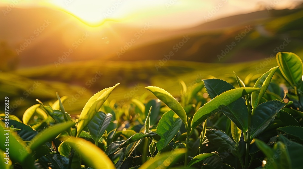 Sunset Over Serene Green Tea Plantation Sunset Over Serene Green Tea Plantation