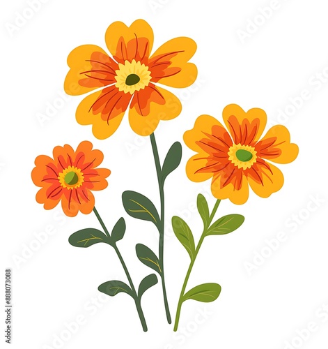 flat vector illustration of three small marigold flowers, orange and yellow with green center on white background, simple design, cute style, colorful