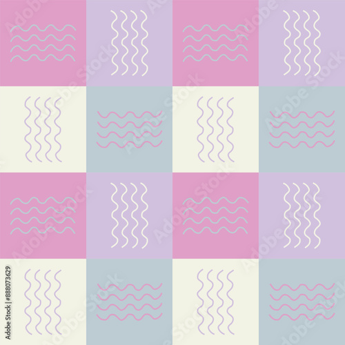 Seamless vector pattern with geometrical elements, squares and waves. Repeating tiles in four colors.
