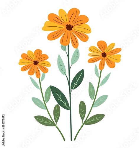 flat vector illustration of three small marigold flowers, white background, simple design, flat colors, vector art style, clipart on the side, simple flat color, simple lines and shapes,