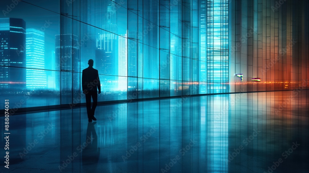 A man stands in silhouette against a reflective glass wall overlooking a cityscape illuminated by neon and modern lights, portraying urban isolation and futuristic ambiance.
